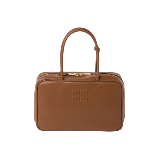 미우 미우 가죽 탑 핸들백 코냑