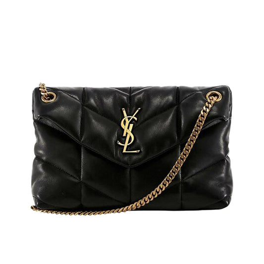 생로랑 퍼퍼 스몰 체인 백 퀼티드 램스킨 블랙&골드