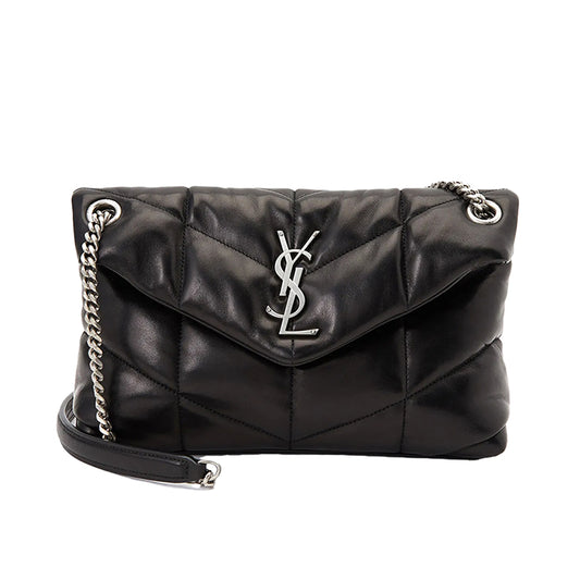 생로랑 퍼퍼 스몰 체인 백 퀼티드 램스킨 블랙&실버